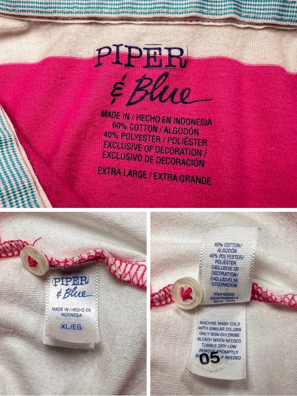 Y2K Piper & Blue Pink Striped Polo Shirt Juniors XL Preppy Blokette - Picture 4 of 8